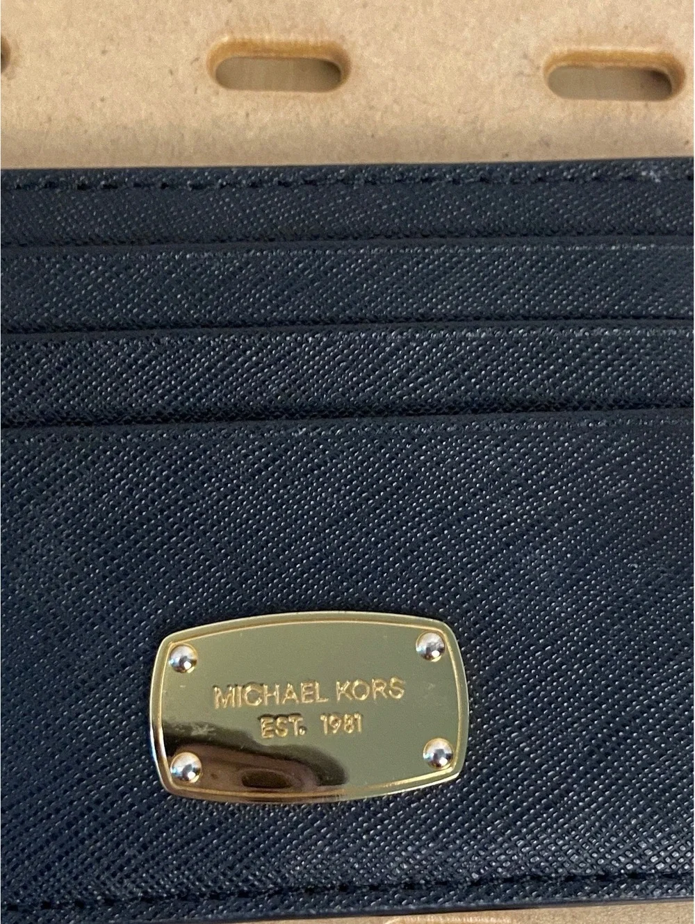 Michael Kors Black Leather Card Holder with Gold Tone Plaque